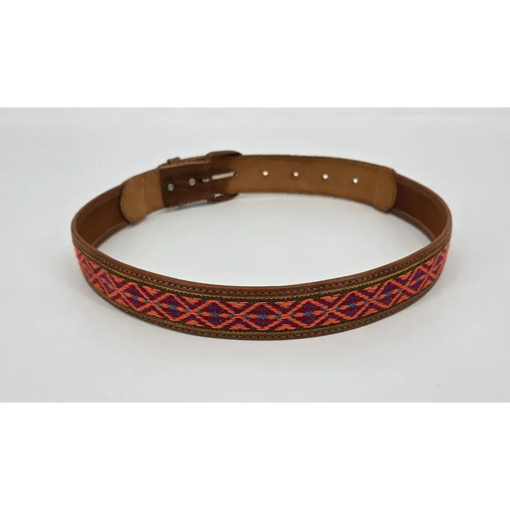 Vintage Tooled Leather Belt with‎ Woven Southwestern Pattern – Size 24